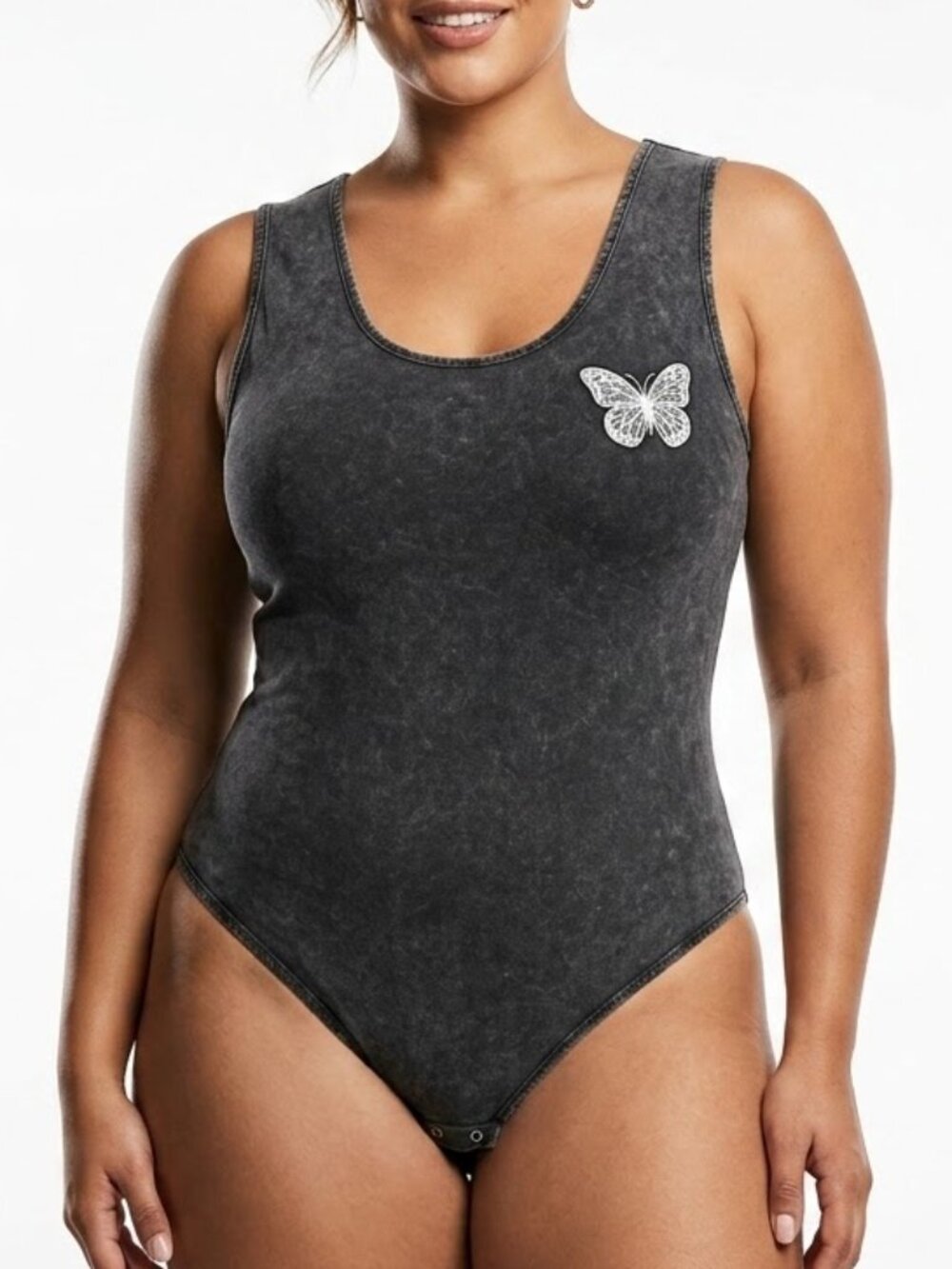 Urban Nation Grunge Acid Wash Butterfly Embroidered Sleeveless Bodysuit XL